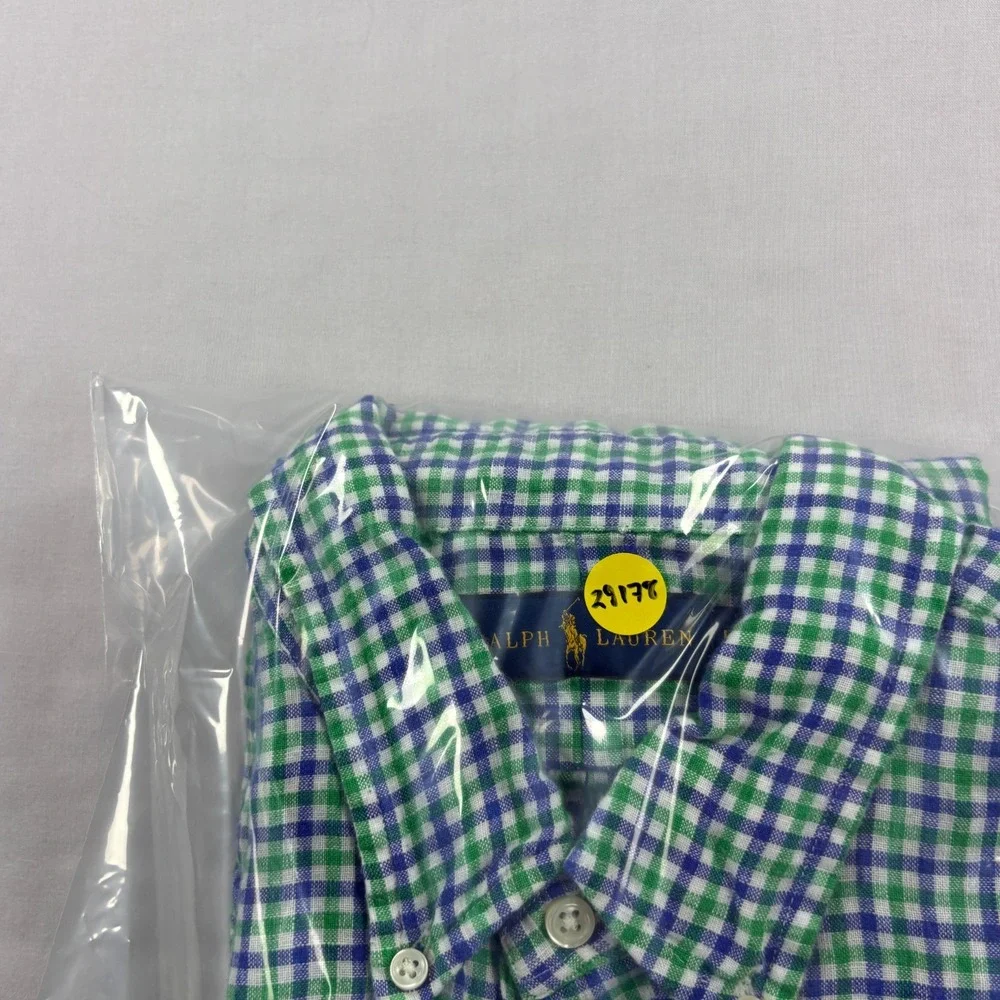 Polo Ralph Lauren Linen Shirt Mens Large Blue Green Plaid Button Up Camp Beach